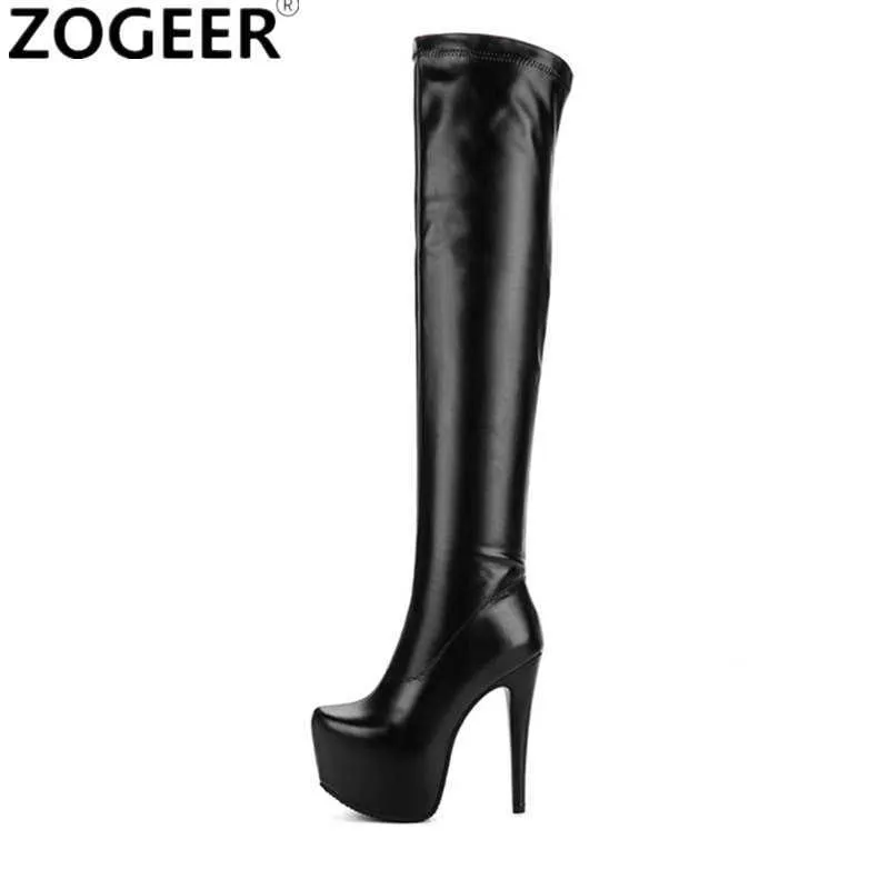 Bottes ￩lastiques cuisses hautes bottes femme extr￪mement haut talon mode sexy sur le genou Boots Chaussures en cuir noir Lady plus taille 48 J220923