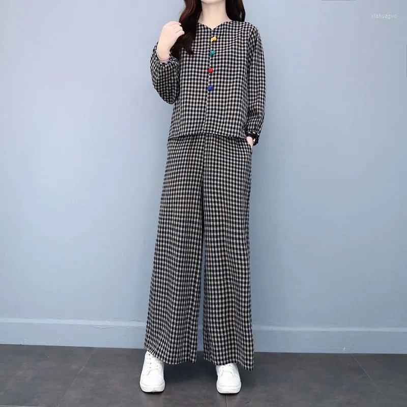 Femmes deux pièces pantalons femmes rétro Chic femmes décontracté surdimensionné Plaid Streetwear tenue élégante 2 ensembles jambe large Capris costume coréen