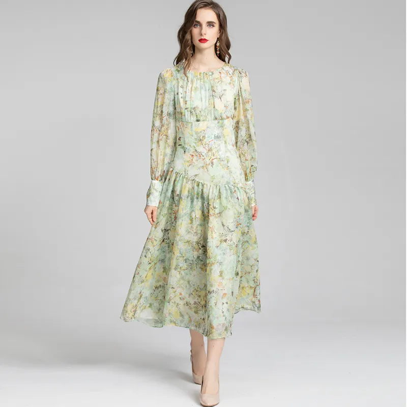 Women's Runway Dresses O Neck Long Sleeves Printed Drop Waist Elegant Fashion Designer Dress Vestidos