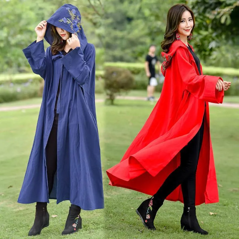 Women's Trench Coats Women's Women Vintage Cotton Linen Embroidery Hooded Cardigan Cloak Coat Outwear Lady Boho Beach Loose Oversized