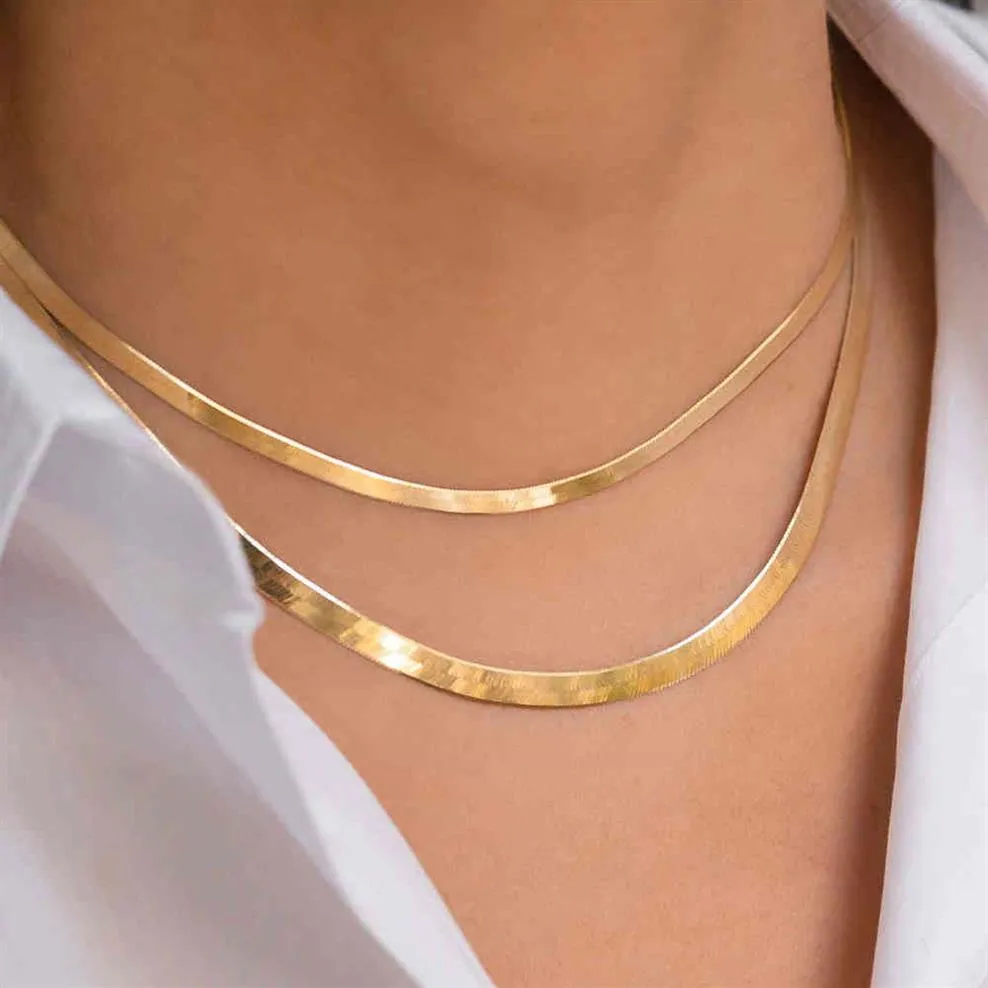 14K Gold Filled Stainls Steel Herringbone Chain Necklace Fashion Flat Snake Chain Necklace for Women m 4mm Wide254S