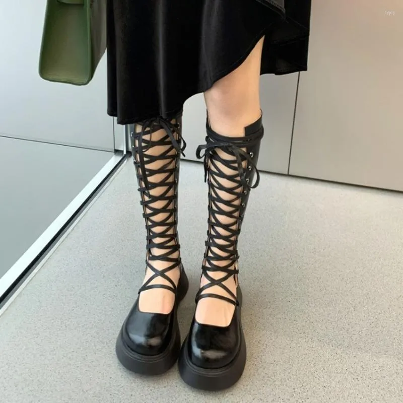 Scarpe eleganti da donna punta tonda in vera pelle con lacci scava fuori al ginocchio sandali con plateau tacco grosso gladiatore romano