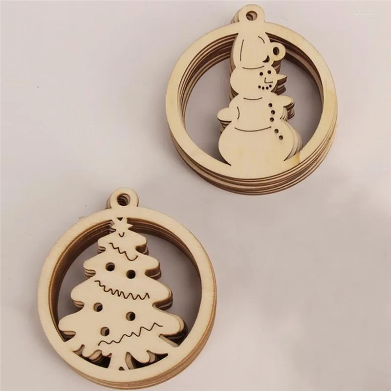 Juldekorationer 10st Natural Wood Tree Pendant Hängande prydnad utsökta snögubbe Xmas Party Decor Home Decoration