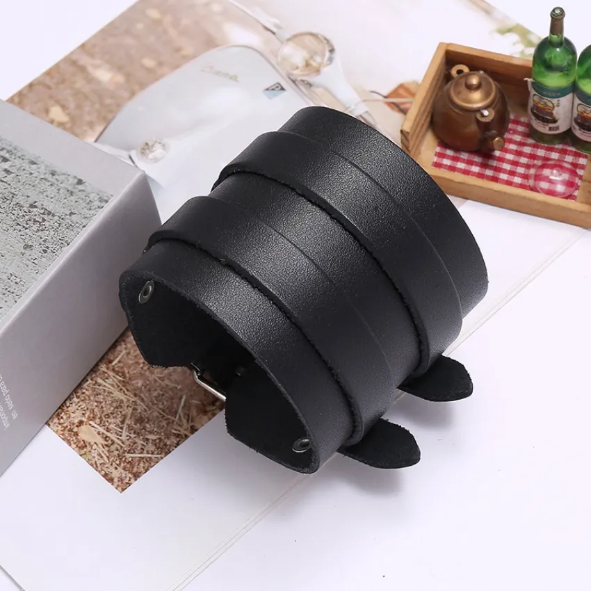 Double Pin Buckle Belt Leather Bangle Cuff Black Wide Adjustable Bracelet Wristand for Men Women Fashion Jewelry Gift