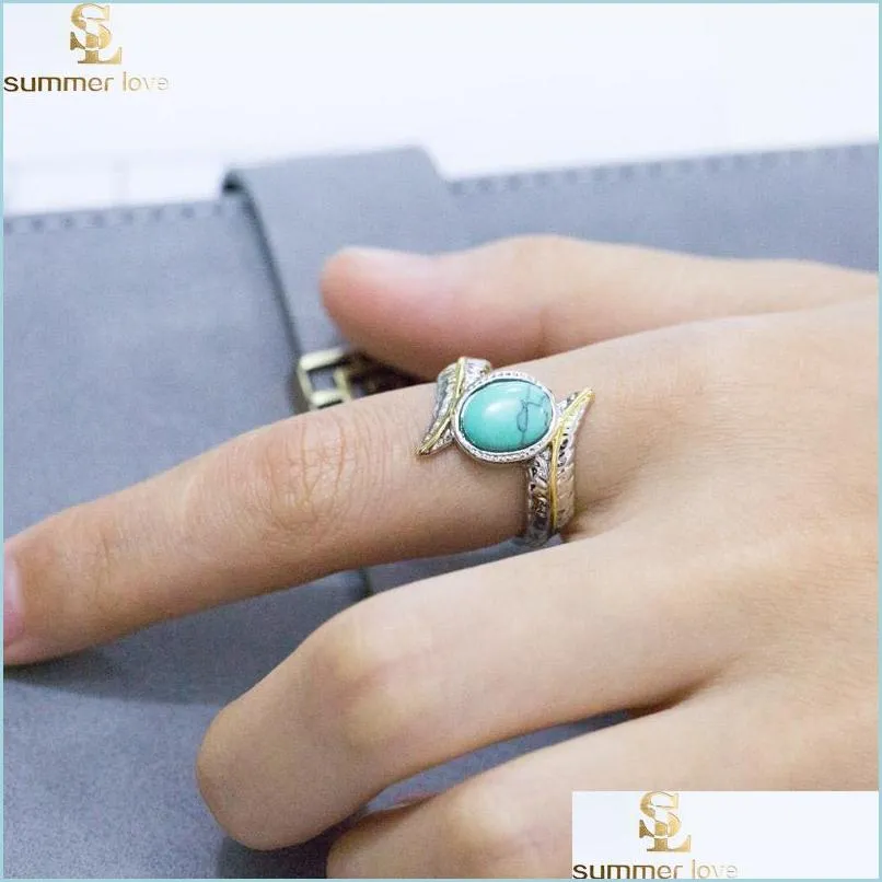 Cluster Anneaux Rétro Sier Plume Turquoise Anneau Europe Et Amérique Mode Bagues De Fiançailles Pour Les Femmes De Mariage Bijoux De Mariée Cadeau Qui Dhp2T