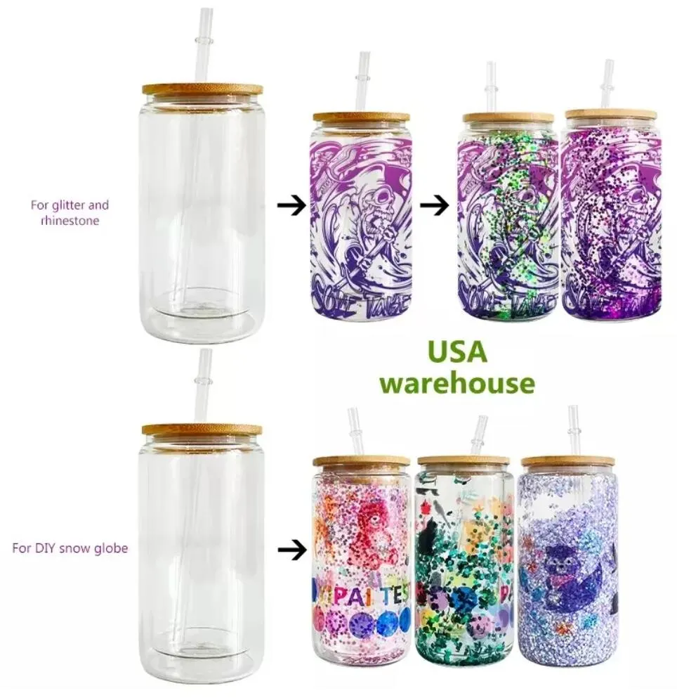 US Warehouse Sublimation Tumblers Cup Cup 12oz 16oz 20oz Wall Snow Globe blanks bamboo lid beer can glass mason jar with blasty straw gc0923
