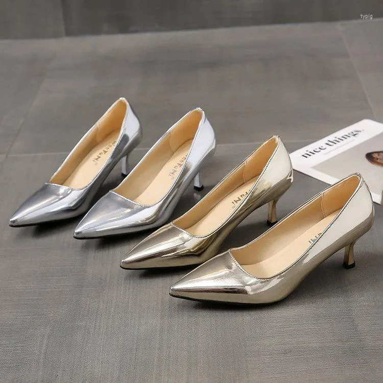 Dress Shoes Women's High Heels Elegant Medium Heel Ladies Pointed Toe Fashion Plus Size Shiny Leather Stiletto Heels35-45
