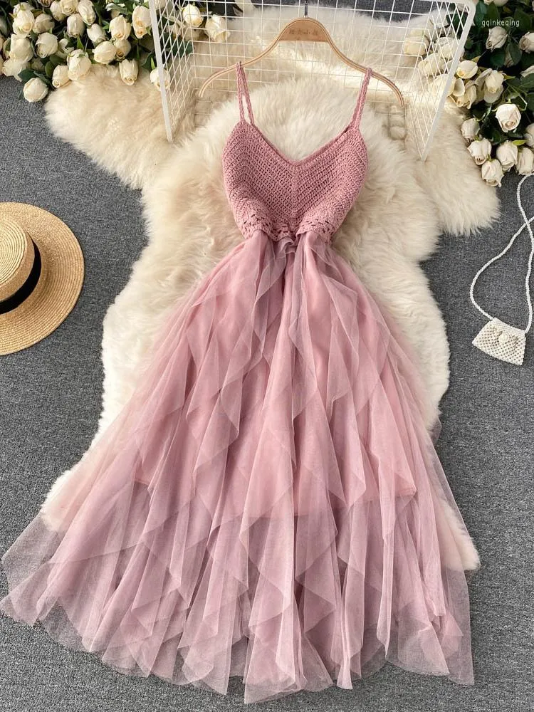 Casual Dresses Summer Women's Suspender Dress Irregular Gauze Fluffy Skirt High Waist Slim Temperament V-neck Beach