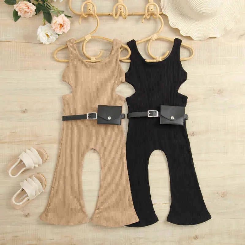 Rompers 2022 Toddler Kids Girls Sleeveless Jumpsuit Solid Color Knitted Ribbed Flare Pants Summer Casual Clothing With Waist Bag J220922