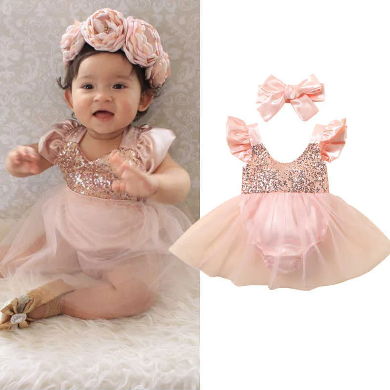 Rompers Baby Barge Summer Romper Fly Sleevesバックレスピンクスパンコールパッチワークドレッシングジャンプスーツソリッドヘッドバンド衣装J220922