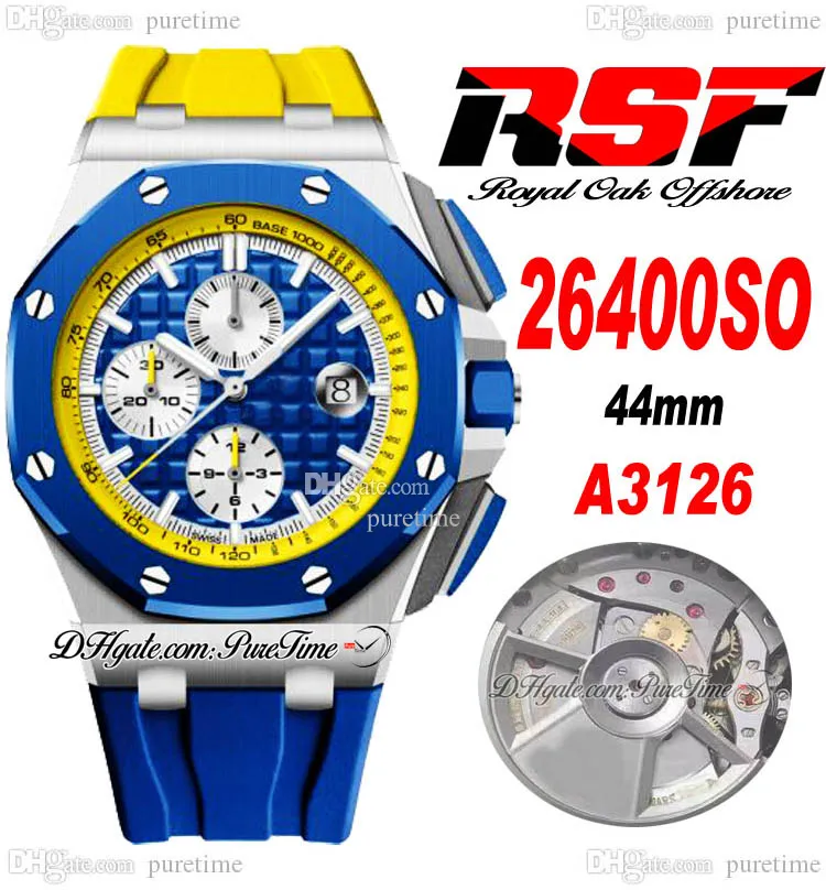 RSF 2640 44 mm A3126 Automatik-Chronograph Herrenuhr Ryder Cup Europa Keramiklünette Blau-Weiß-Textur-Zifferblatt Gelbes Kautschukarmband 2022 Super Edition Pureitme A1