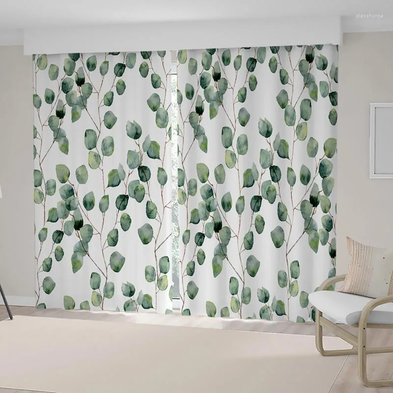 Curtain Simple Green Small Leaves Curtains For Living Room Polyester Printing Windows Bedroom/kitchen