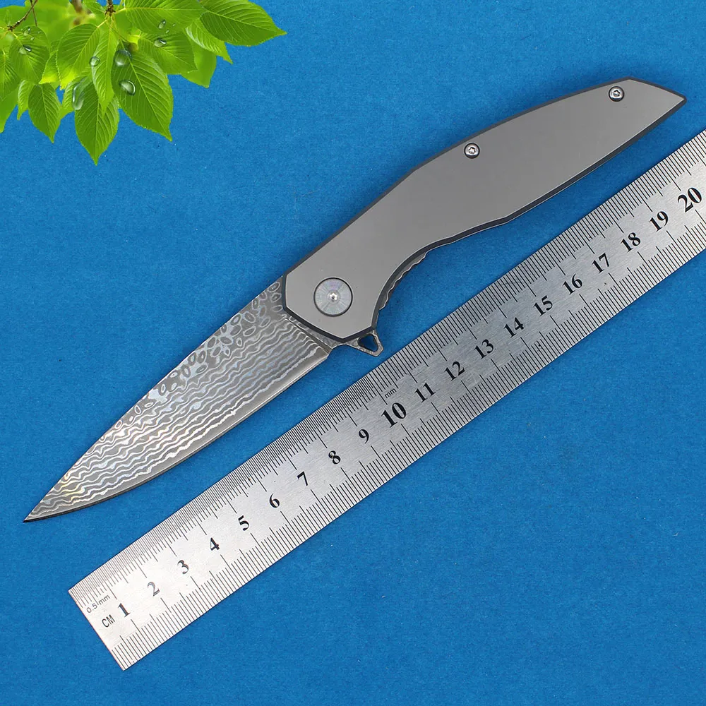 1Pcs R8318 Flipper Folding Knife 67-Layer VG10 Damascus Steel Blade CNC TC4 Titanium Alloy Outdoor Camping Hiking Fishing EDC Pocket Folder Knives