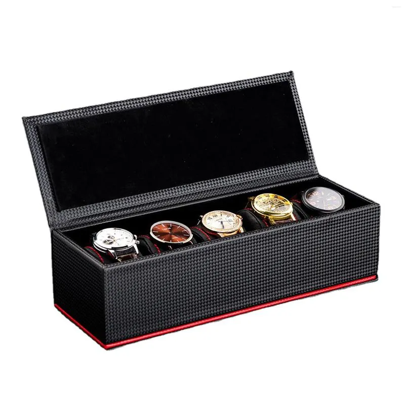 Titta på lådor Black Carbon Fiber Box Jewelry Storage Organizer Luxury Collection Mechanical Pillows