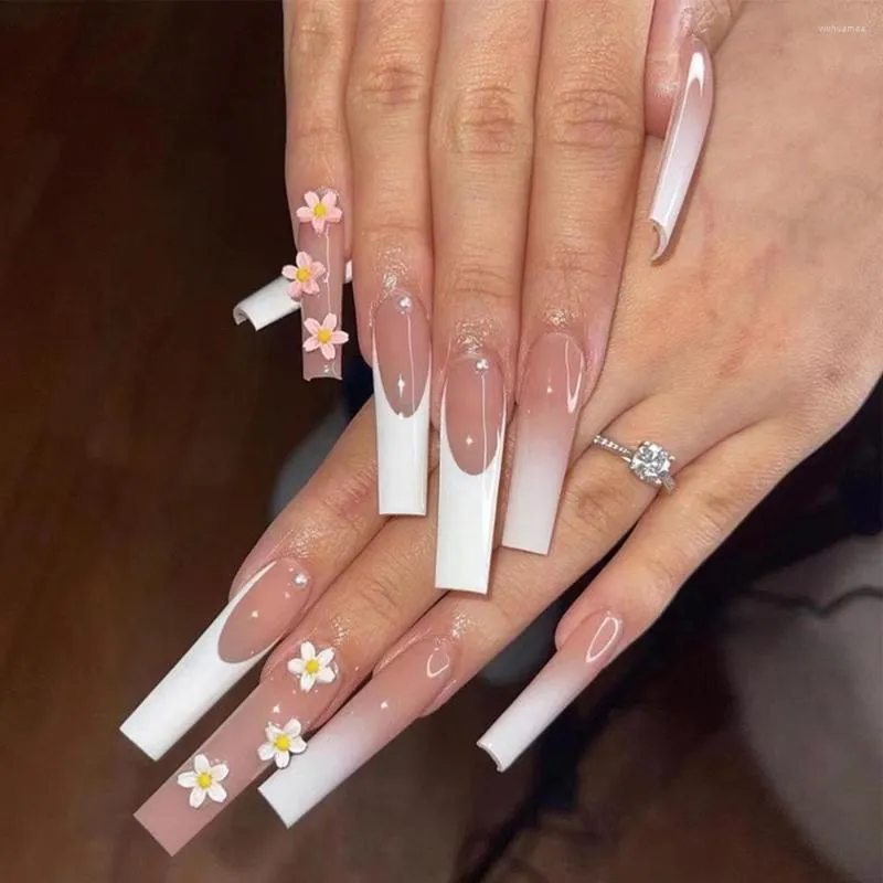 False Nails Press On Long Coffin Gradient 3D Flowers Designs White French Fake Wearable Nail Stickers Full Cover Tips