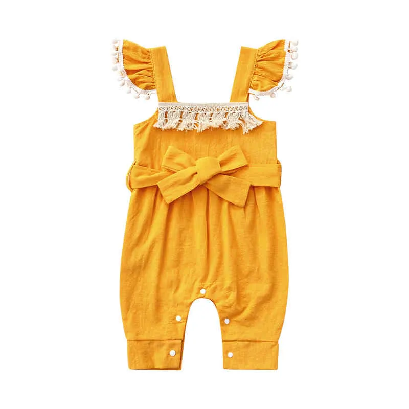 Rompers para criança roupas de bebê macacão de traje de verão com mangas de pescoço de pescoço de pescoço de pescoço quadrado com cinto de arco J220922