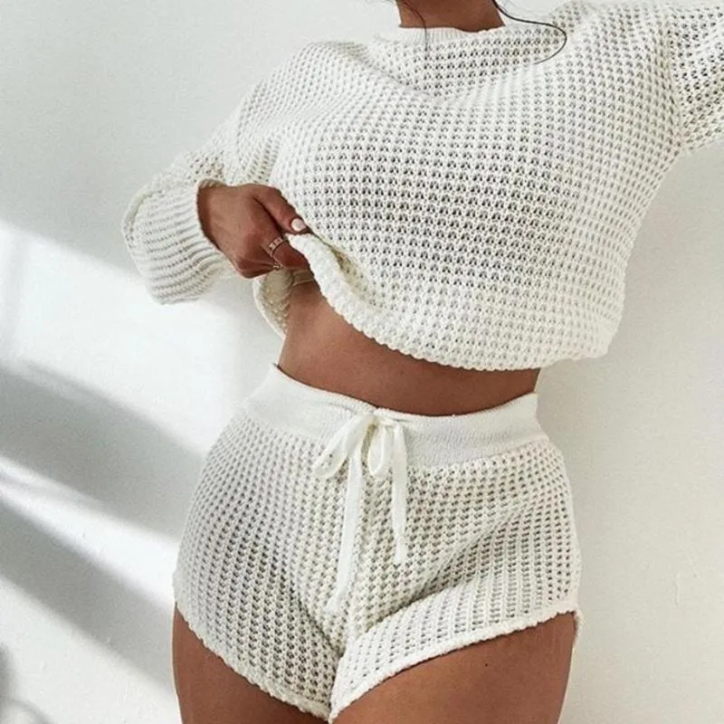 Tute da donna UETEEY Sexy Mujer Bianco Crop Top e pantaloncini Set Lounge Wear Donna Due pezzi Abiti estivi Femme Conjuntos Verano