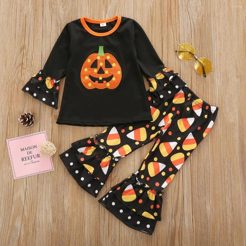 Clothing Sets Kids Baby Girls Halloween Outfits Flare Long Sleeve Cartoon Pumpkin Pattern Top And Pants Set