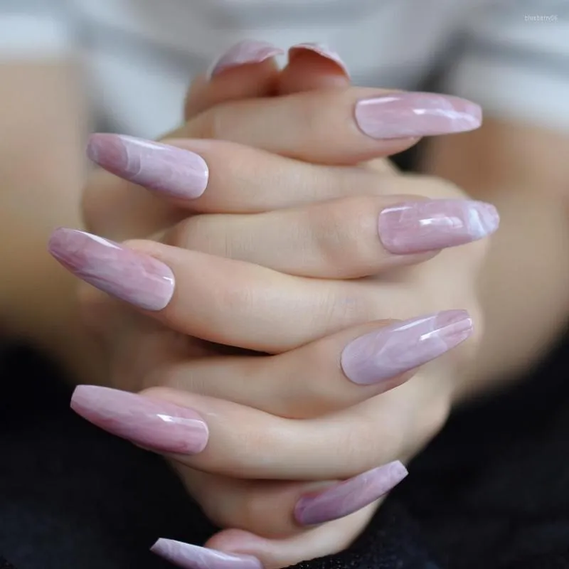 False Nails Long Marble Coffin Nail Natural Daily Pink Adult Full Artificial Tips Designed Salon Smooth Press On Manicure