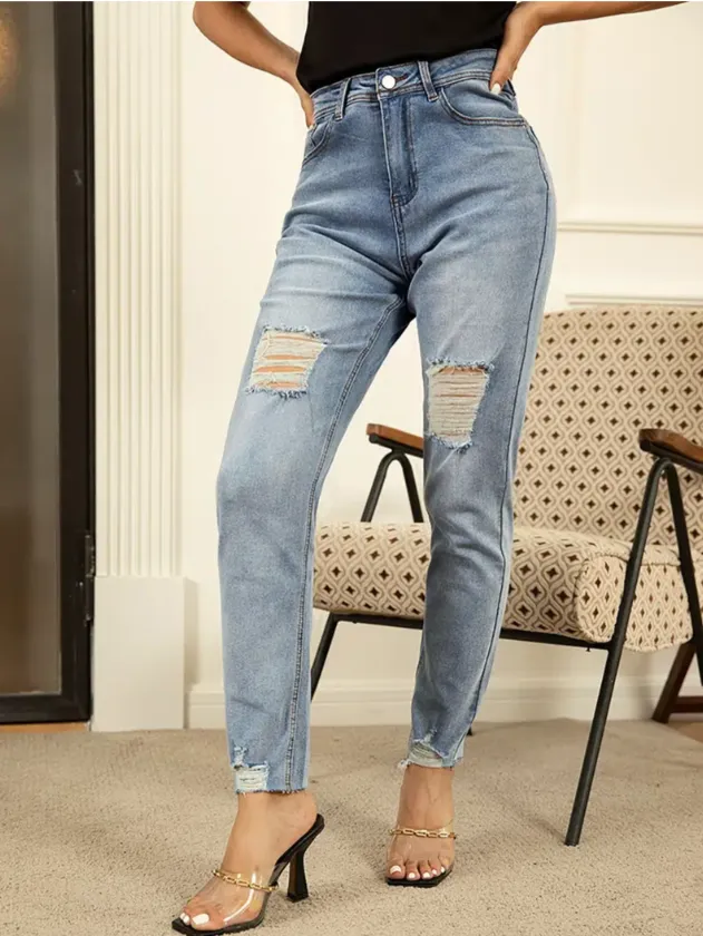 Color s￳lido casual Slim Fit Women's Classic Denim Media Wave Media Wash Alta Cintura de jeans ajustados