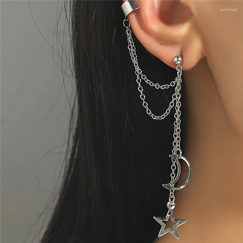 Dos boucles d'oreilles mode étoiles lune Clip oreille crochet personnalité métal Clips Double percé boucle d'oreille femmes filles bijoux cadeau