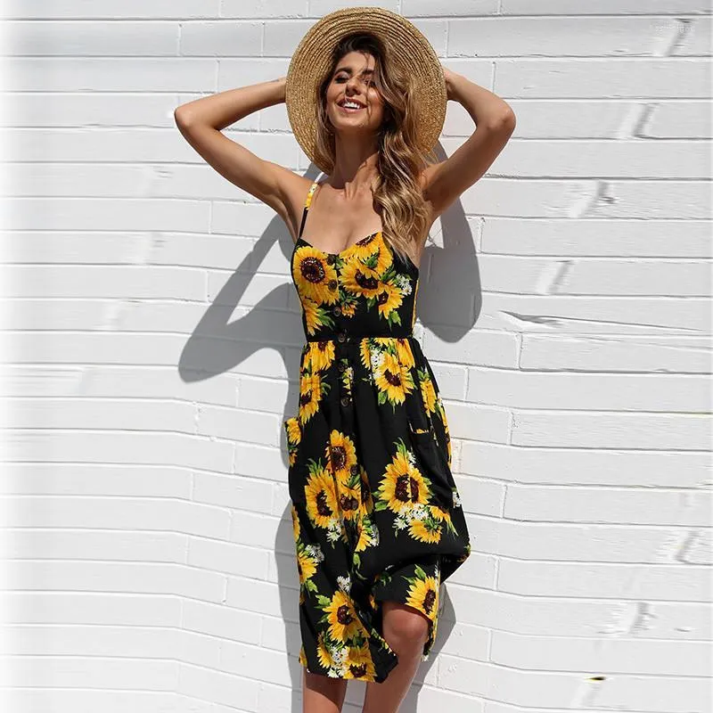 Casual Dresses Summer 2022 Women Plus Size Sunflower Print Button Beach Dress Woman S-3XL Pocket Midi Sexy Slip Ladies Vestidos