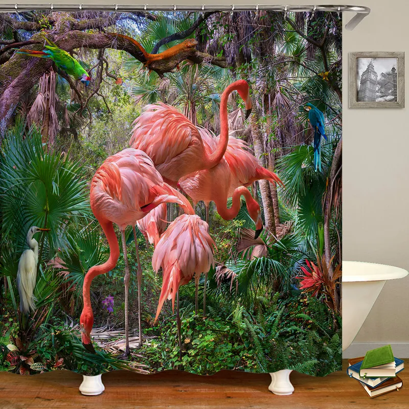 Duş Perdeleri Flamingo Yeşil Yaprak Banyo Su geçirmez Polyester Kumaş Baskı Perdesi Dekorasyon Banyosu Ekran 220922