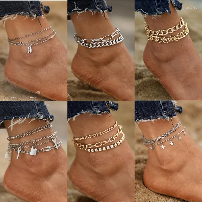 Неклеты 17 -километровый винтажный серебряный цветовой цепочка для женщин -девочек Bohemian Lock Star Star Leg Bracelet Bracelet Beach Dewelry