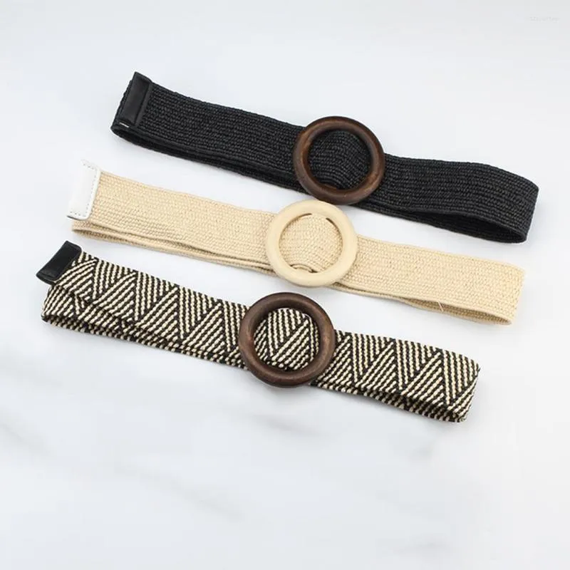 Cintos 95cm Bohemian Feminino Stretch Woven Belt Vestuário Decoração Acessórios Simples Versátil Casual Masculino Straw Fivela Folk-Custom