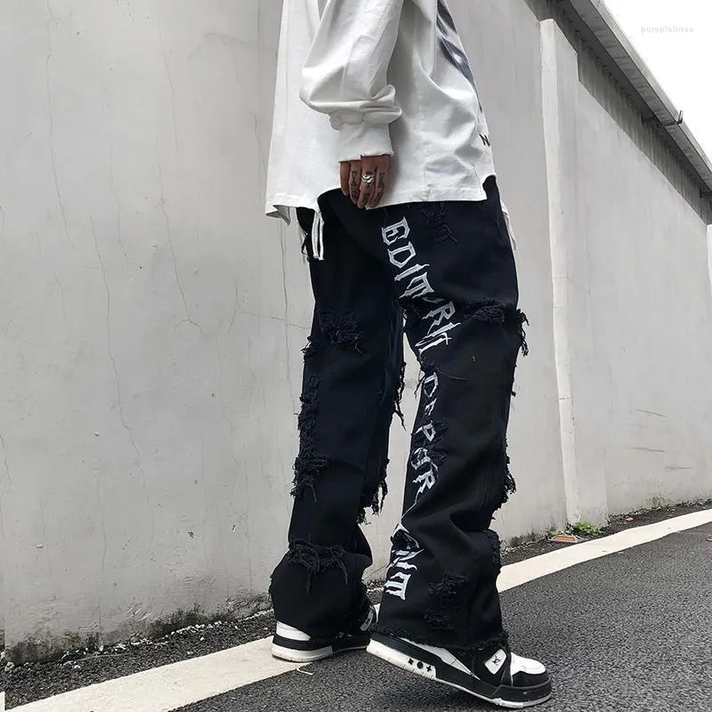 Mäns jeans män för män denim byxor hip hop svarta goth byxor harajuku rippade rakt benbroderier