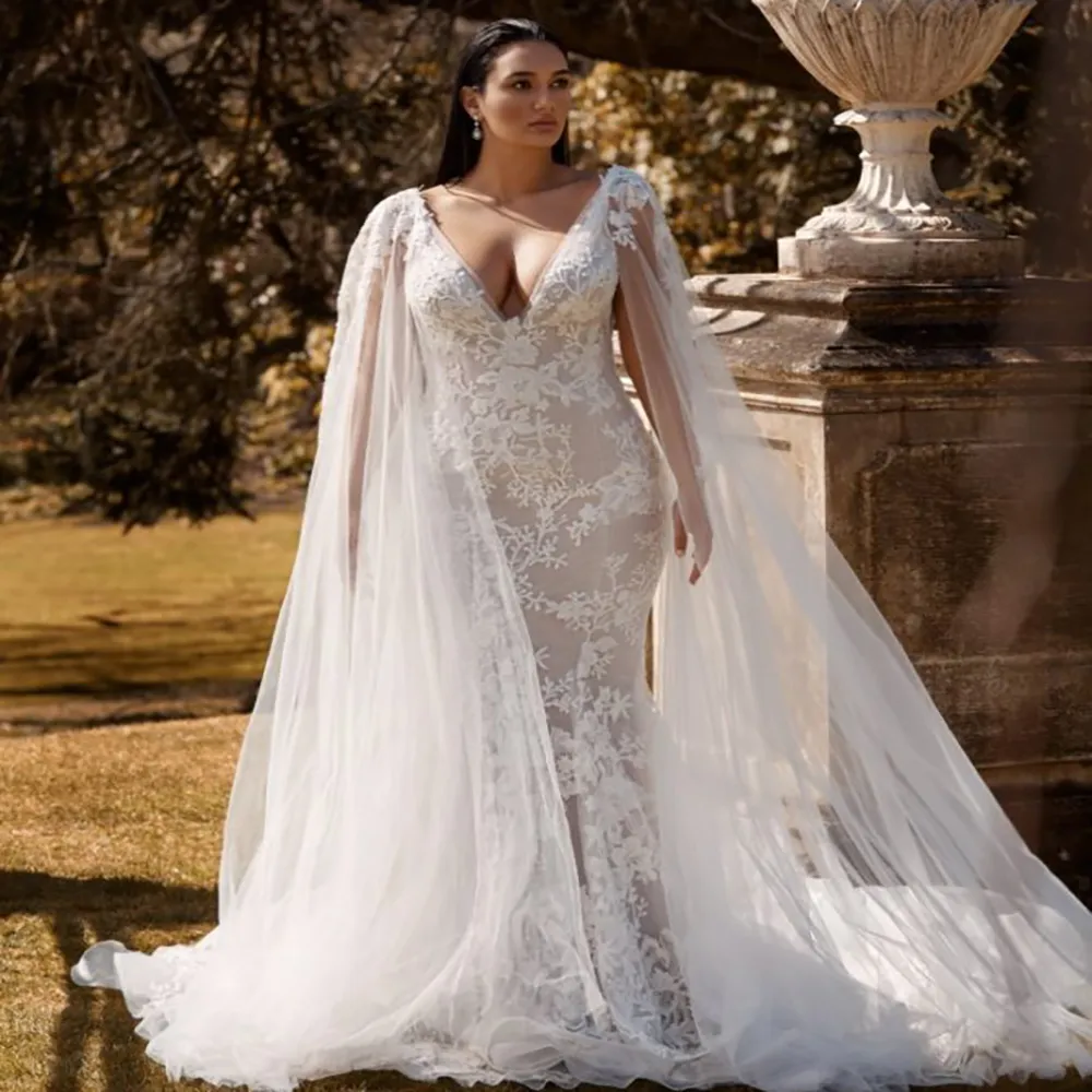 Save Big on Bulk Lace Cape Wedding Dress Cape Sleeve Lace Mermaid Wedding  Dress: Plus Size Backless Tulle Garden Bridal Gown Best Deals on DHgate