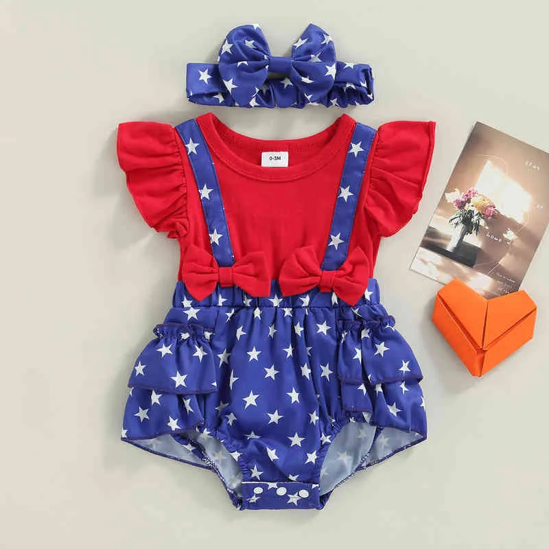 Barboteuses Vêtements de bébé Vêtements pour nouveau-nés Toddler Girls Star Print Fly Sleeve Jumpsuit Bodys Baby Independence Day Outfit J220922