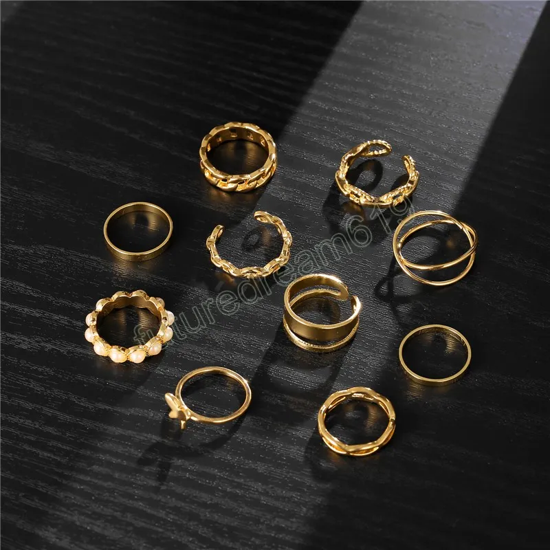 10 pièces/ensemble bohème géométrique métal anneau ensemble femmes Vintage couleur or perle papillon doigt jointure anneau bijoux cadeau
