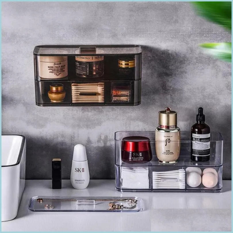 Организация для хранения ванной комнаты на стенах макияж для макияжа пыльно-защищенной столик для кожи Продукт по уходу за кожей.
