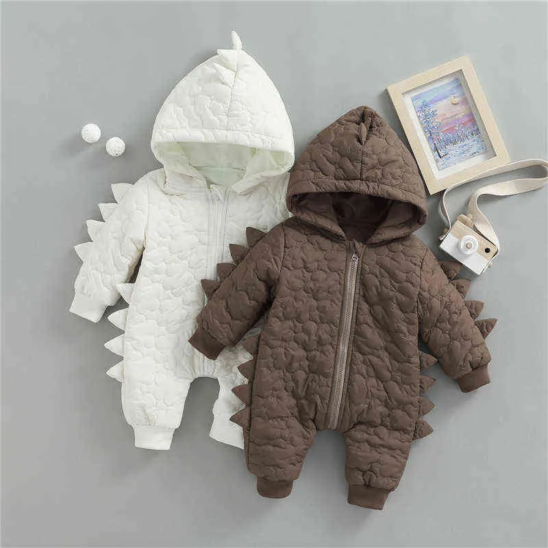 Barboteuses Mignon Nouveau-Né Bébé Garçon Dinosaure Barboteuse Toddler Couleur Unie Zipper Manches Longues À Capuche Combinaison Bébé Vêtements D'hiver J220922