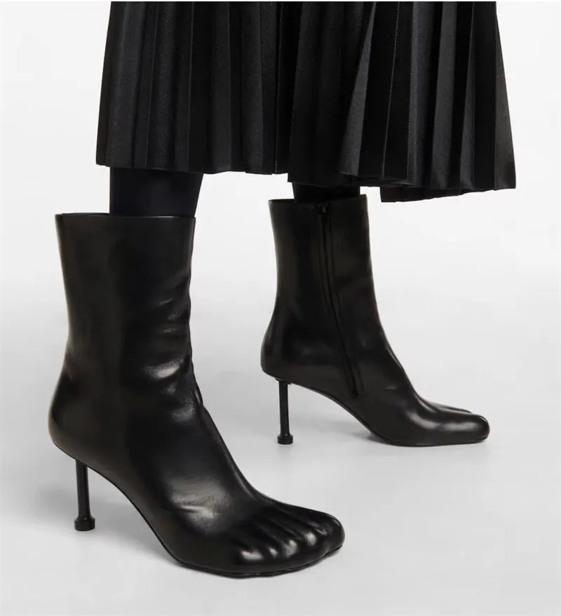 Nowy styl buty kostki dla kobiet wysokie obcasy buty na pas startowy Kobieta oryginalna skóra dziwna palce u nogi krótkie buty żeńskie botki