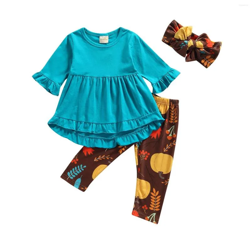 Kläduppsättningar Småbarn Kids Festival Casual Outfits Baby Girls Thanksgiving Kläder Set Blue Ruffled Top Pumpkin Pants Leggings pannband 1-7Y