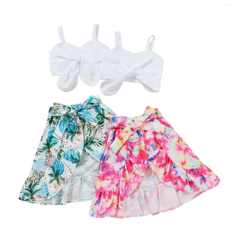 Ensembles de vêtements pour petites filles, vêtements décontractés en deux pièces, hauts sans manches à col en V blanc et jupe longue à ourlet irrégulier, rose/vert 2-7T