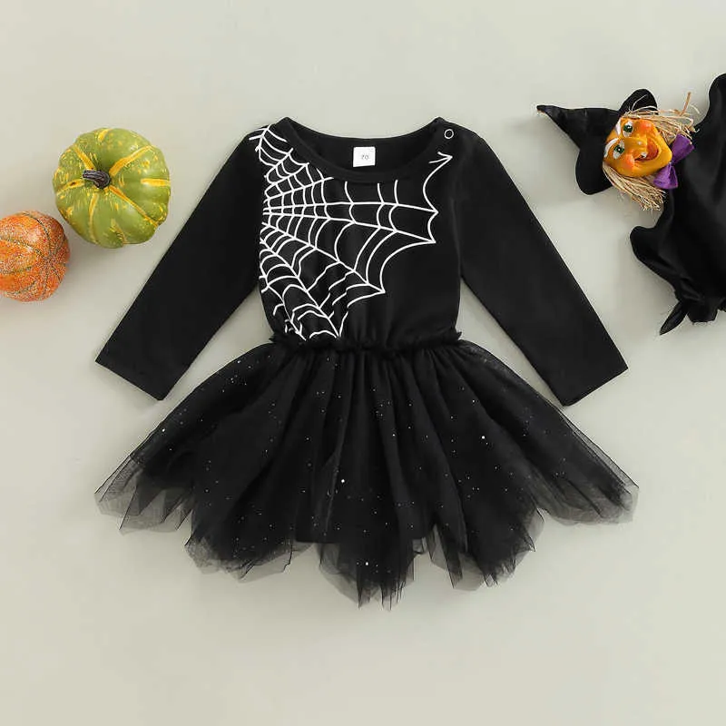 Rompers Baby Girls Mesh Romper Dress Sweet Casual Halloween Spider Web Tryckt långa ärmar Nyfödda jumpsuits söta babykläder J220922