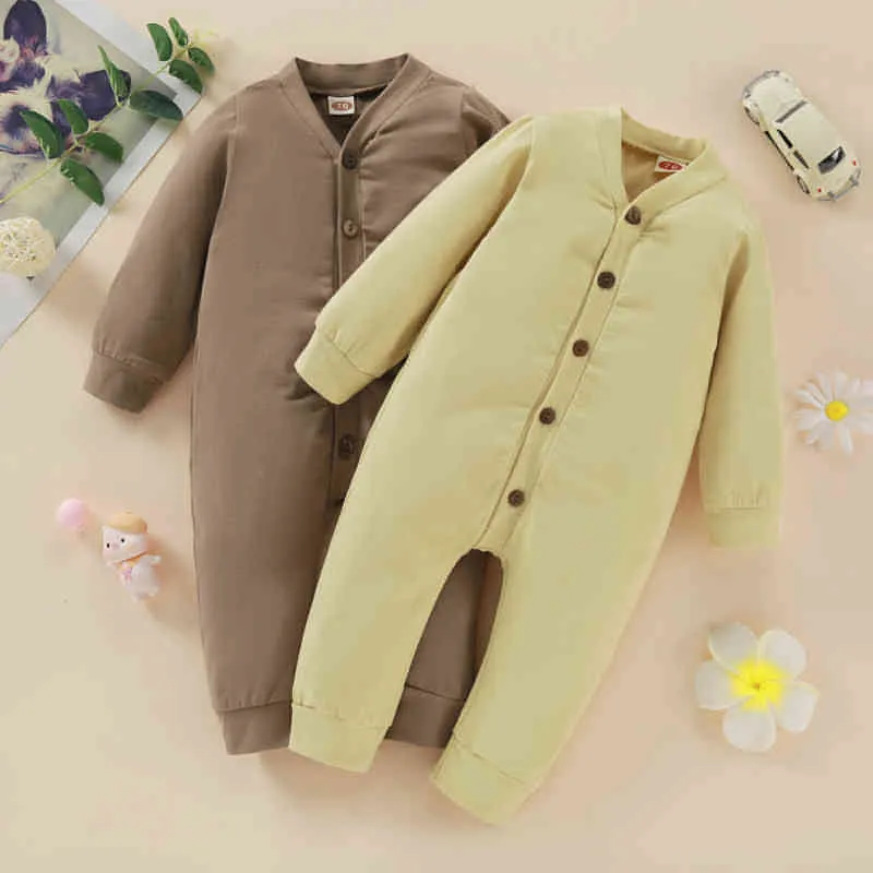 Rompers 024m nyfödda barn Baby Boys Girls Autumn Solid Romper Casual Cotton Jumpsuit långärmad vinterhöst Baby outfit J220922