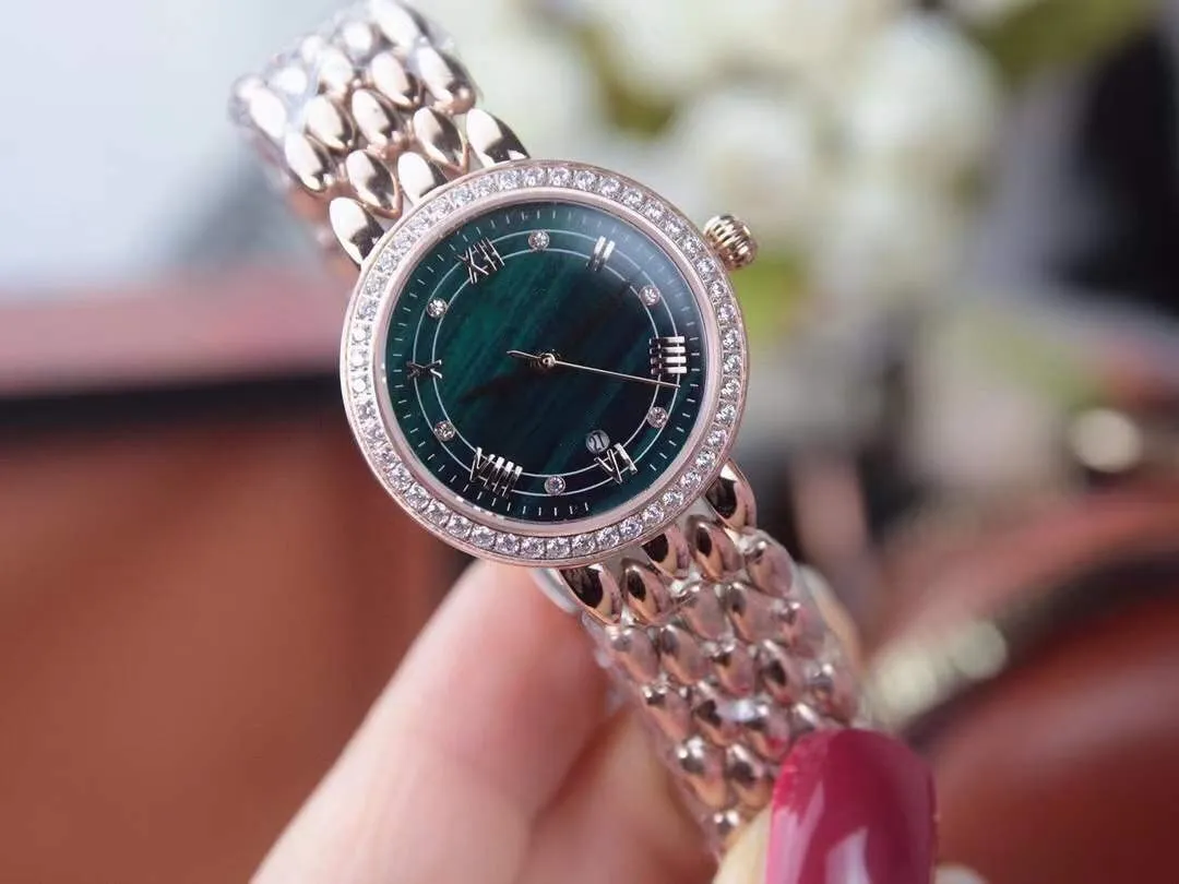 Nya kvinnor Green Malachite Quartz klockor Geometriska romerska siffror Diamond Watch Female Double Circle Wristwatch Pink Mother of Pearl Shell Dial 29mm