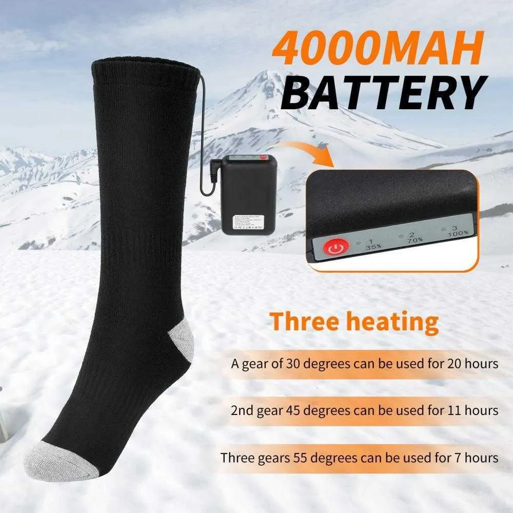 Chaussettes pour hommes 1 paire extérieure chauffée unisexe 4000 mAh batterie rechargeable 3 réglages de chaleur thermique hiver chaud avec 2 Power Bank Y2209
