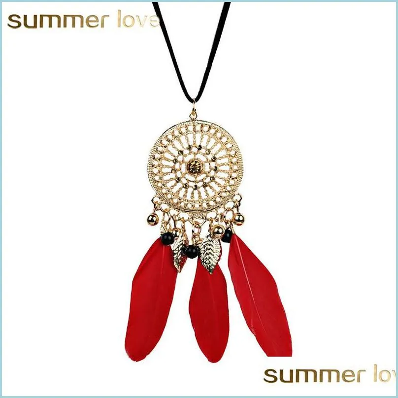 Colares pendentes Sliver Hollow Dream Catcher Tassel Colar de pendente para mulheres elegantes Red Black Feather Bohemian Jewelry Giff Dhfol