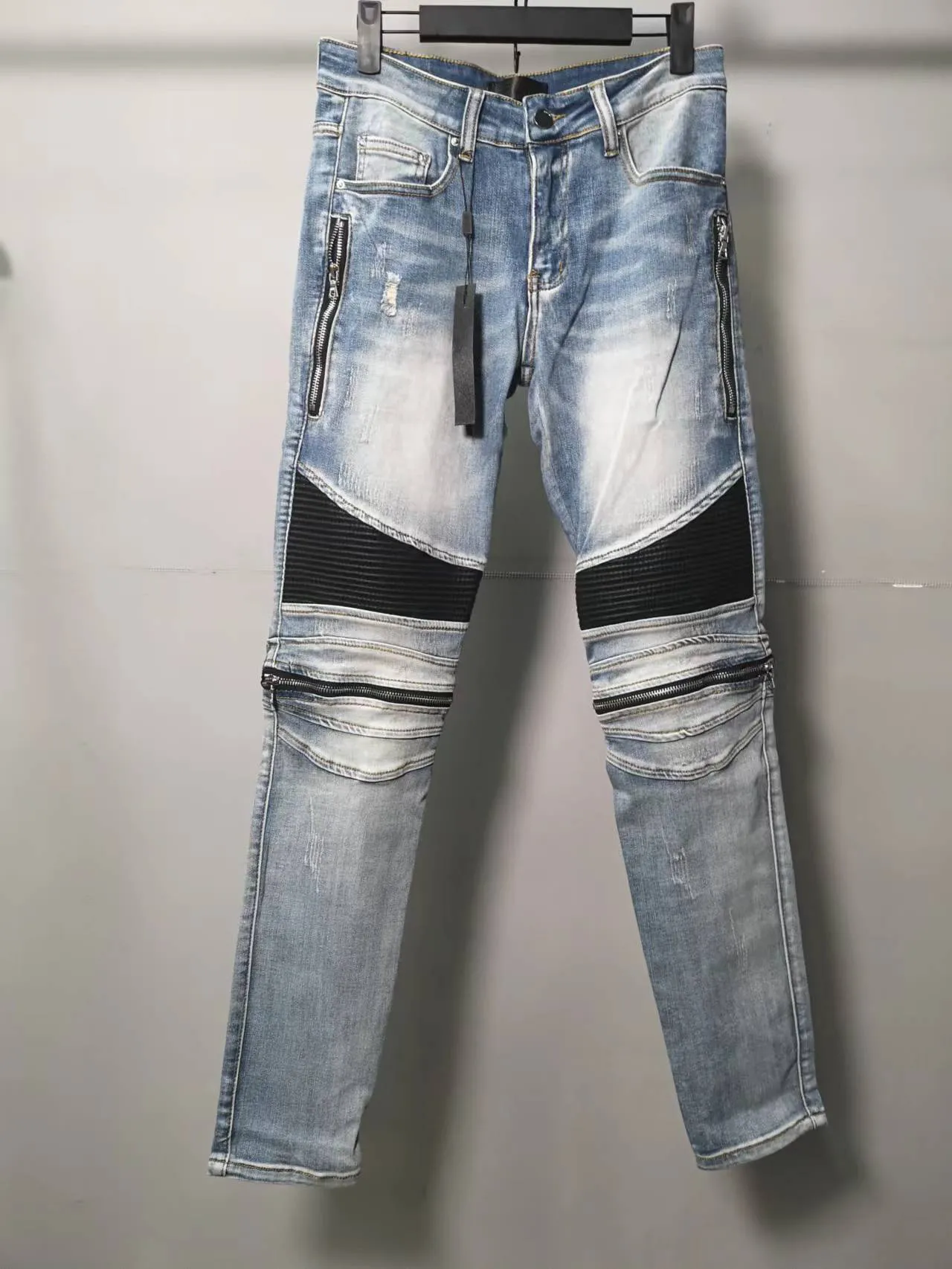 Jeans firmati Slim Fit Jeans blu lavati con cerniera Toppa in pelle da uomo Pantaloni jeans comodi elasticizzati skinny effetto consumato Taglia classica 28-40