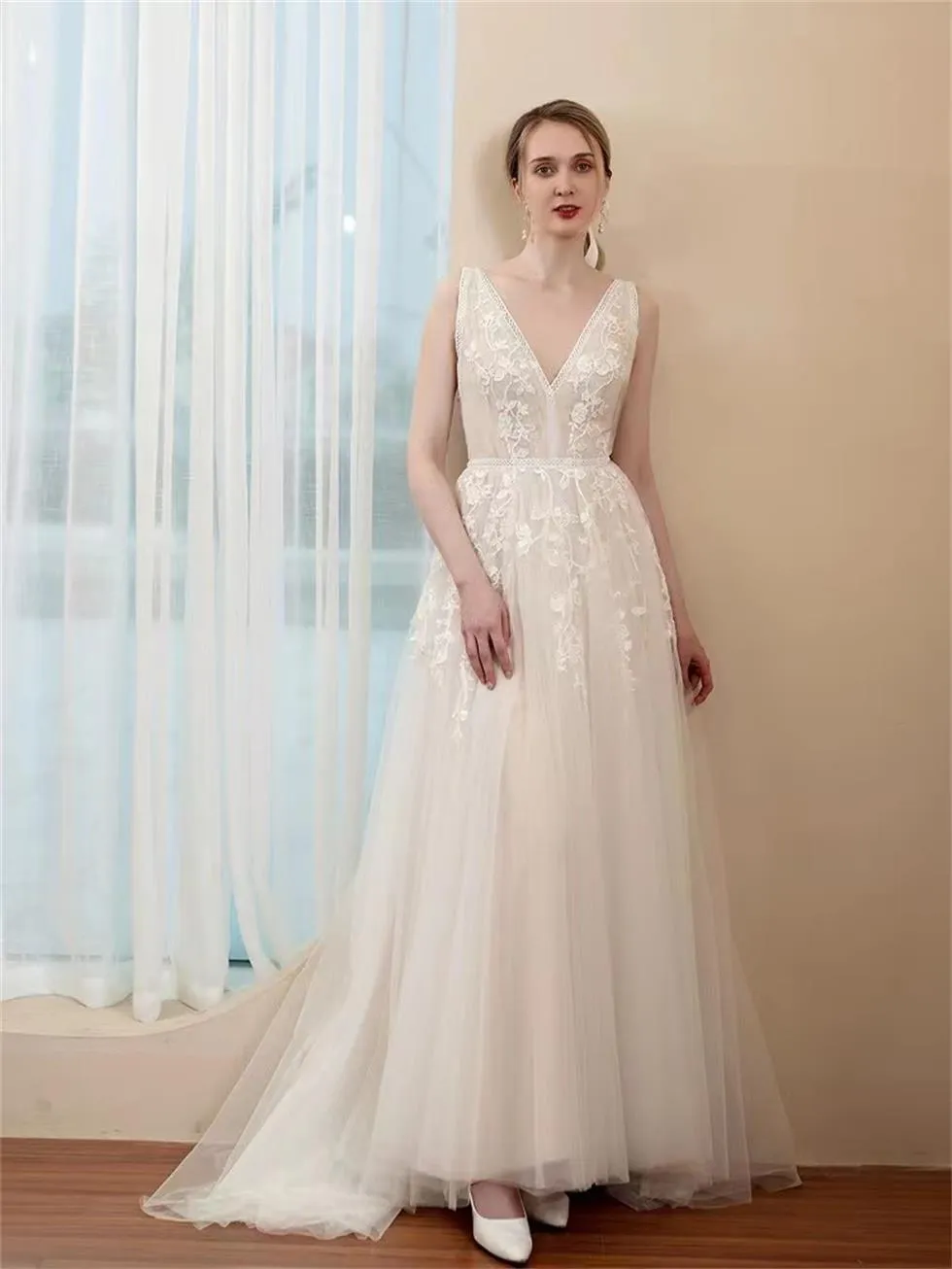 A-line Wedding Dress Applique Short Front Long Back Deep V Light weight LD8031