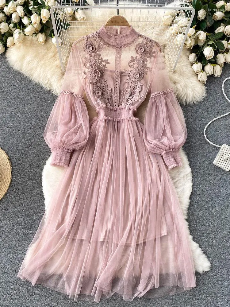 Casual Dresses Summer Women's Dress Temperament Flower Mesh Stand Collar Lantern Sleeves High Waist Slim Suspender Two-piece