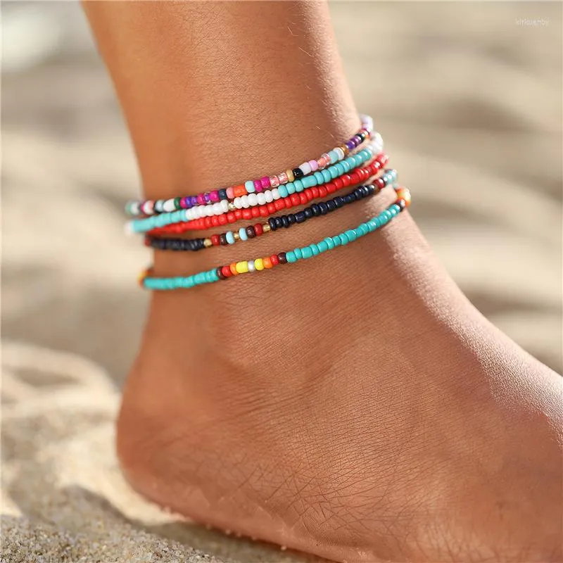 Anklets 17 km Bohemiska f￤rgglada p￤rlor f￶r kvinnor Summer Ocean Beach Handgjorda fj￤rils Ankle Armband Foot Leg Jewelry