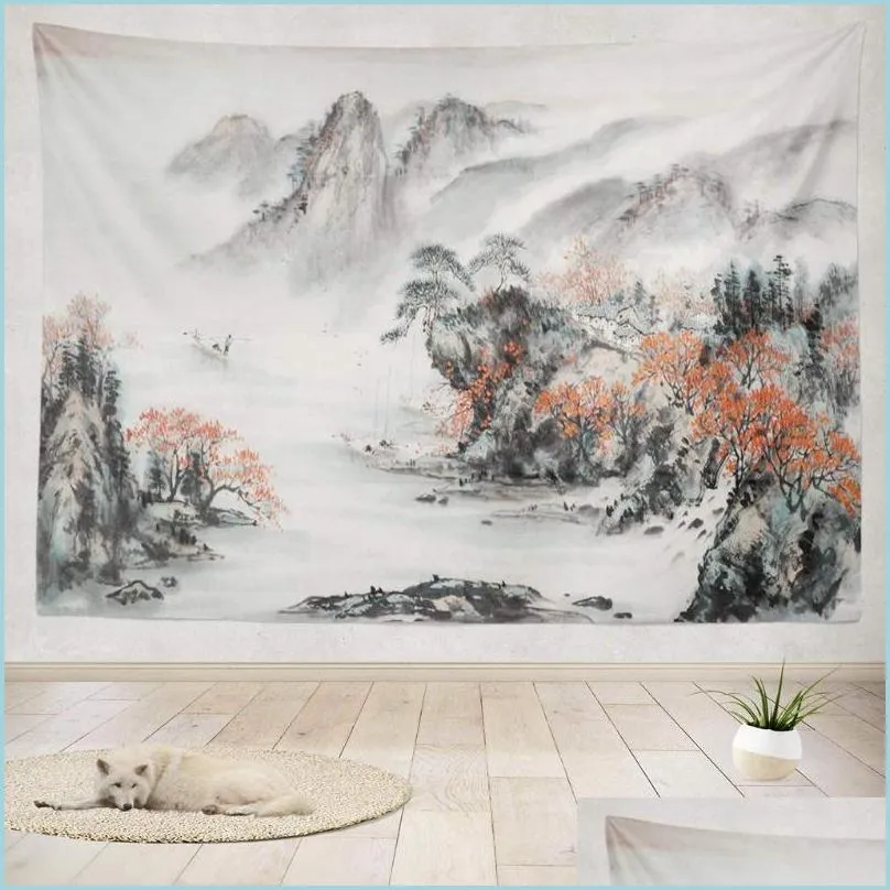 Taquestres Takestries Mountain tapeçaria parede pendurada decorativa cereja rosa paisagem chinesa flores japonesas para quarto viva roo dhrjm