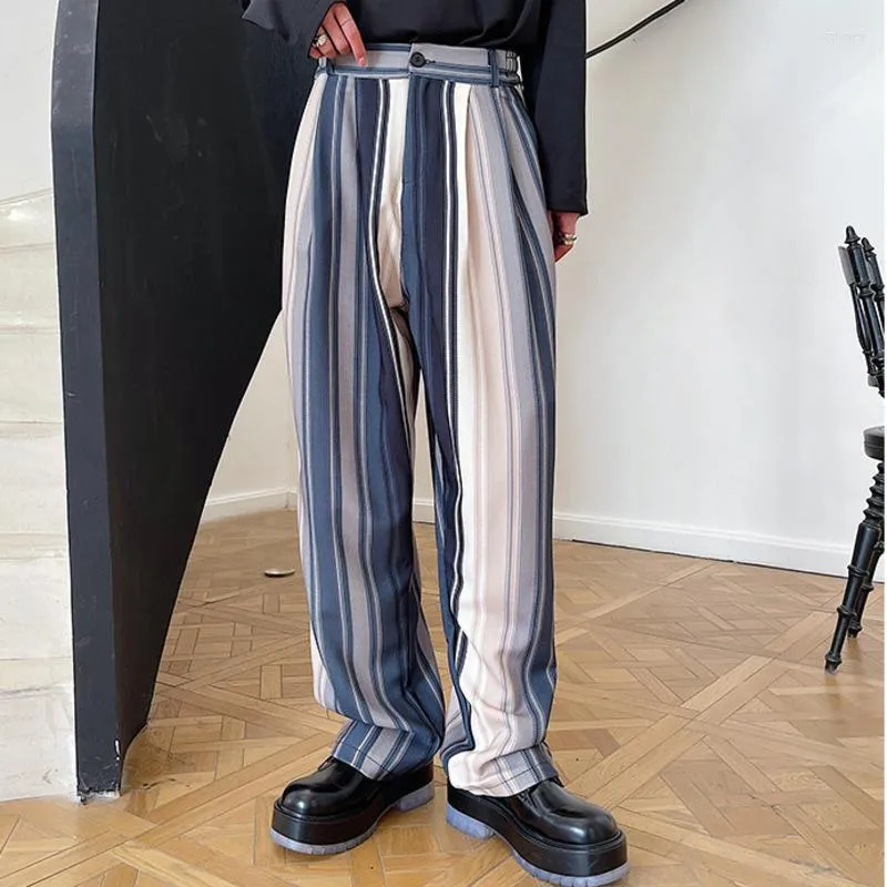 Abiti da uomo Vintage Abbigliamento da uomo Pantaloni lunghi casual a righe Pantaloni dritti a vita alta 2022 Abito chic allentato Primavera Inverno Panno