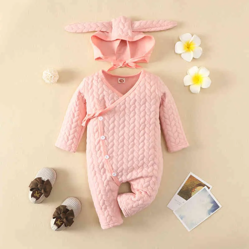 Rompers pasgeboren babymeisjes winter solide kleur lange mouw jumpsuit speelsuit cotton gebreide tops kleren baby romper met hoeden j220922